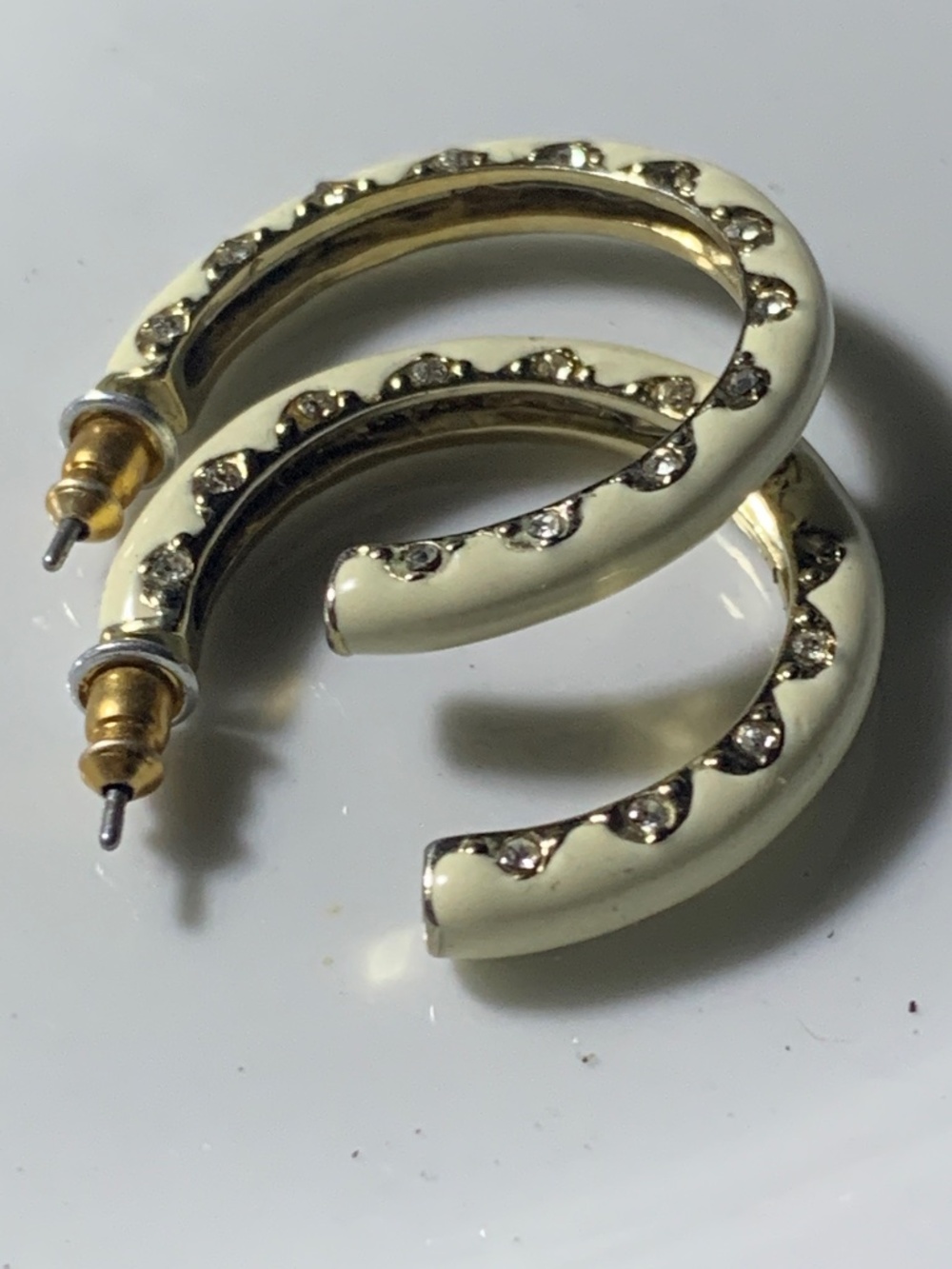 Cream Enamel Hoop Earrings with Gold Tone and Crystal Detail